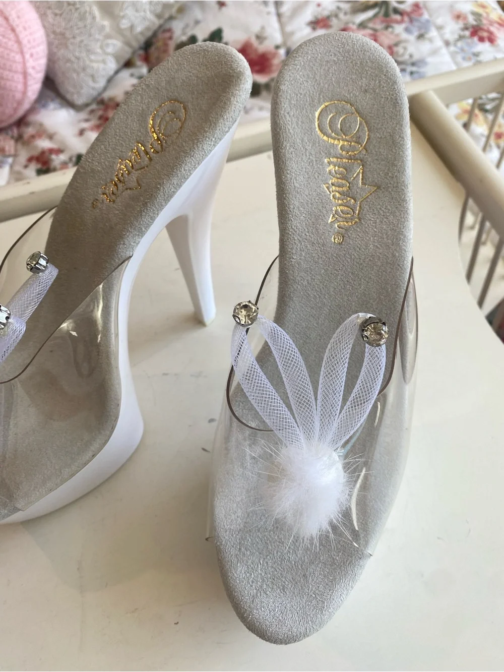 PLEASER  Kiss 201BUNNY  Platform Slides , Stiletto Heels, Rhinestone , White , 8